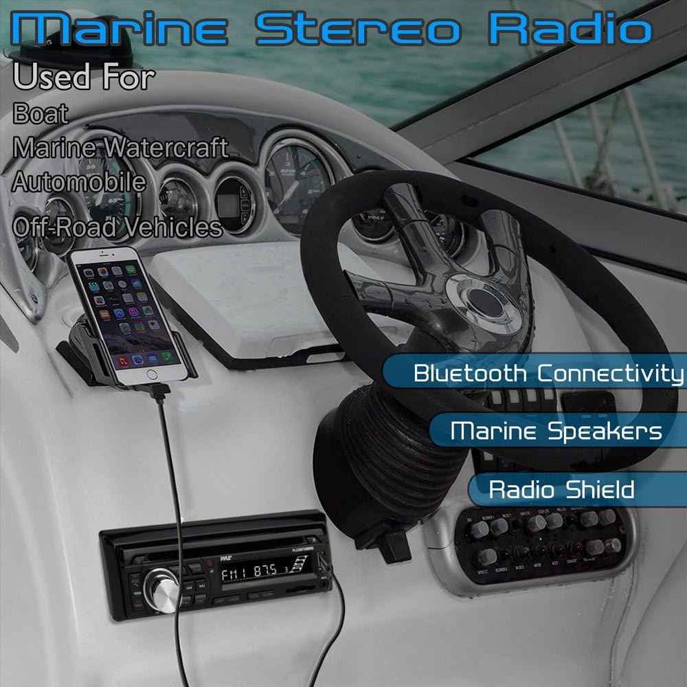 Pyle Wireless Bluetooth Marine Audio Stereo-Kit w/ Single DIN Universal Size Radio Receiver,Hands-Free Calling, 6.5 Waterproof Speakers,CD Player,MP3/USB/SD Readers  AM/FM Radio- PLCDBT95MRB,BLACK