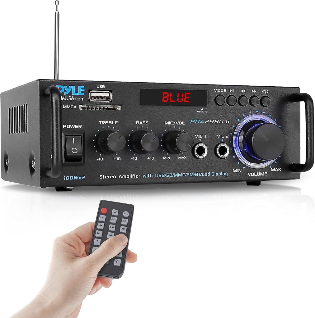 Pyle Wireless Bluetooth Stereo Power Amplifier - 200W Dual Channel Sound Audio Stereo Receiver w/RCA, USB, SD, MIC in, FM Radio, for Home Computer via RCA - PDA29BU.5