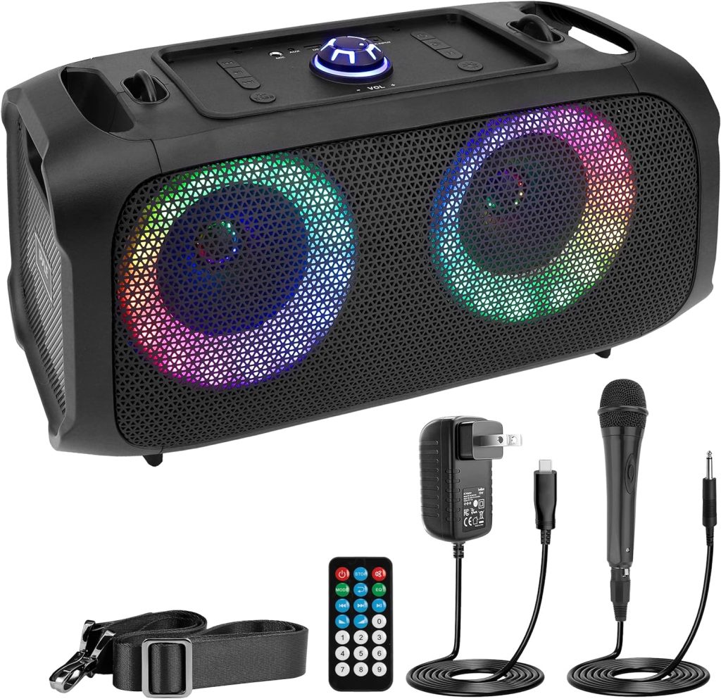 Pyle Wireless Portable Bluetooth Boombox Speaker, 500W Rechargeable Speaker Portable Barrel Loud Stereo System, Flashing LED, FM Radio/Aux/MP3/USB Flash Drive/Micro SD, Includes Wired Microphone