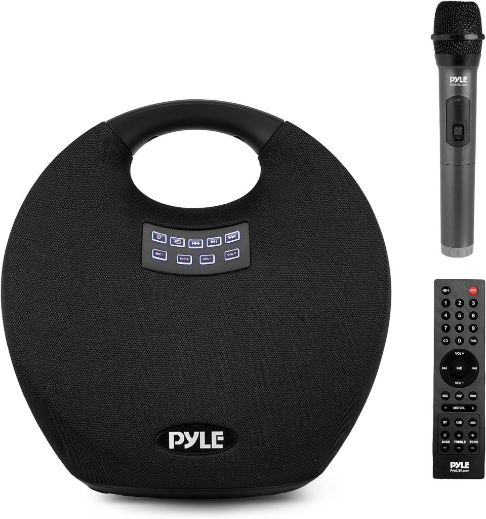 Pyle Wireless Portable Bluetooth Speaker, with Built in Rechargeable Battery, Wireless Microphone, Clear Surround Sound, Mini IPX4 Waterproof Speaker for Indoor and Outdoor Activities.