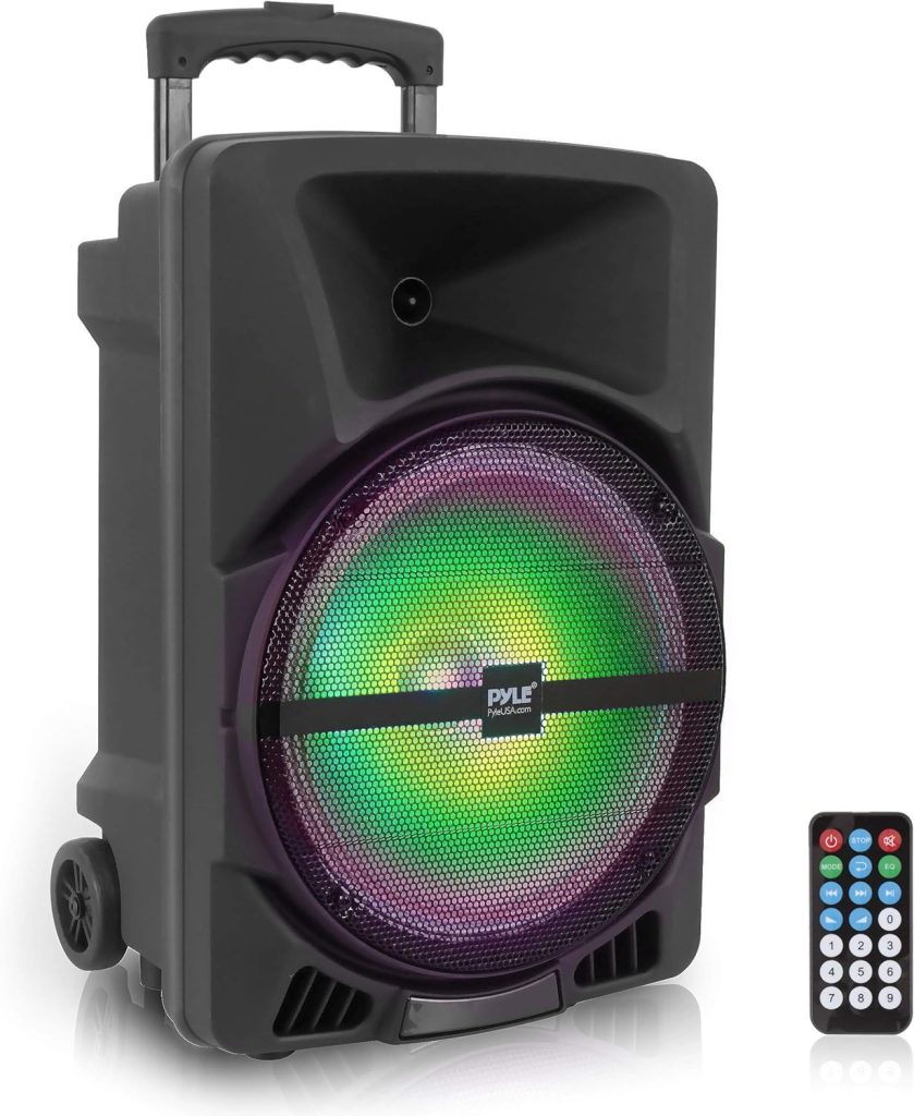 Pyle Wireless Portable PA Speaker System -1200W High Powered Bluetooth Compatible IndoorOutdoor DJ Sound Stereo Loudspeaker wITH USB MP3 AUX 3.5mm Input, Flashing Party Light  FM Radio -PPHP1544B