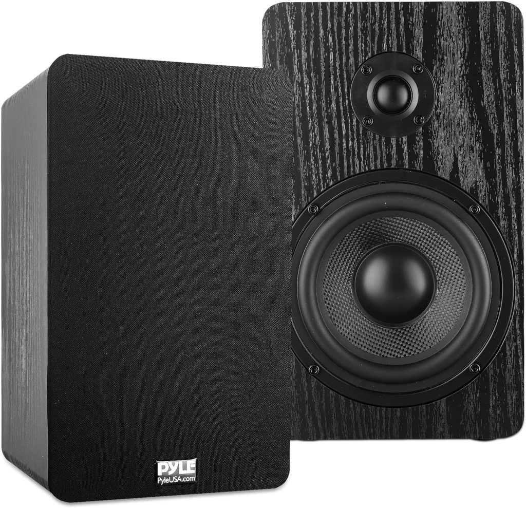PyleUsa 5.25 Home Theater Wooden Bookshelf Speakers- Wall Mountable with 0.75 Silk Dome Tweeter and Aluminum Voice Coils, Pair, Neat Black Color, Gold Plated 5 Way Binding Post - PSMSP5