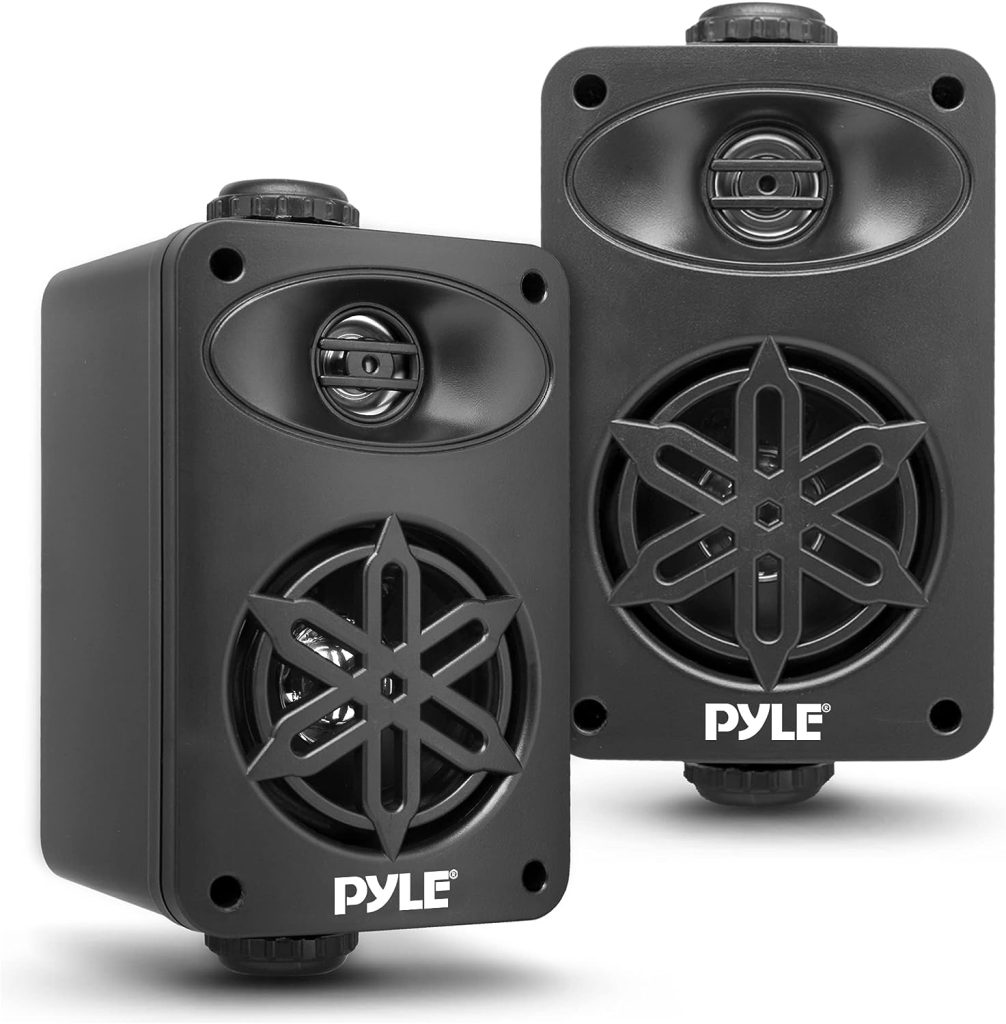 PyleUsa Indoor Outdoor Speakers Pair - 200 Watt Dual Waterproof 3.5” 2-Way Full Range Speaker System w/ 1/2” High Compliance Polymer Tweeter - in-Home, Boat, Deck, Patio, Poolside (Black)- PDWR35BK
