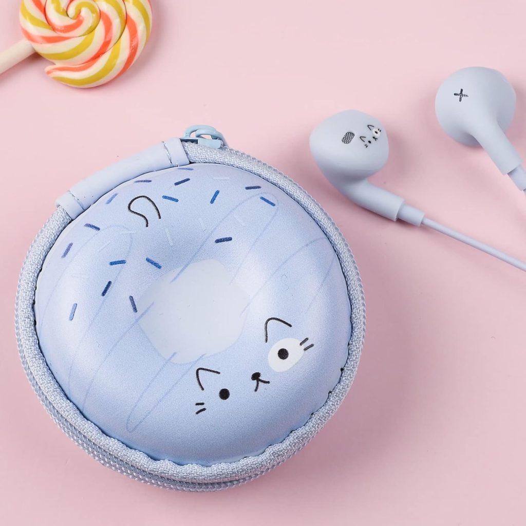 QearFun Donut Earbuds for Kids, Cute Earbud  in-Ear Headphones Wired Gift for School Girls and Boys with Microphone and Lovely Earphones Storage Case Blue