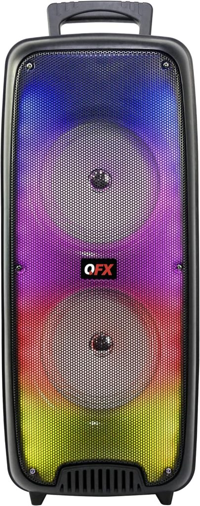 QFX LMS-66 TWS Bluetooth Rechargeable Portable Speaker with Dual 6.5 Speakers, EDR Communication, and Liquid Motion Party Lights