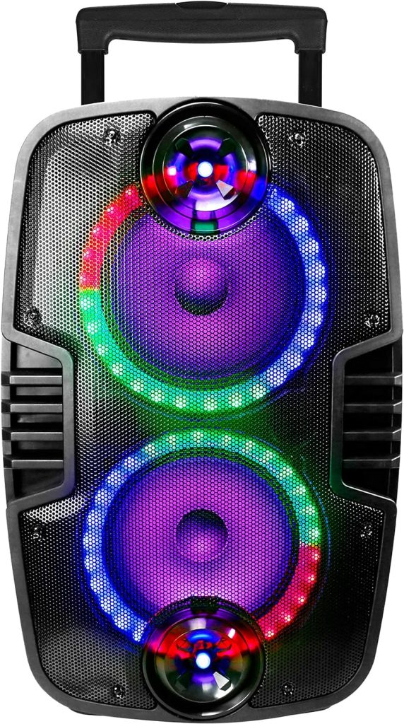 QFX PBX-311 Portable Rechargable Bluetooth TWS Speaker | Dual 10 Woofers, 1 Tweeter, Smart App Controlled with LED Party Lights and Microphone, Black