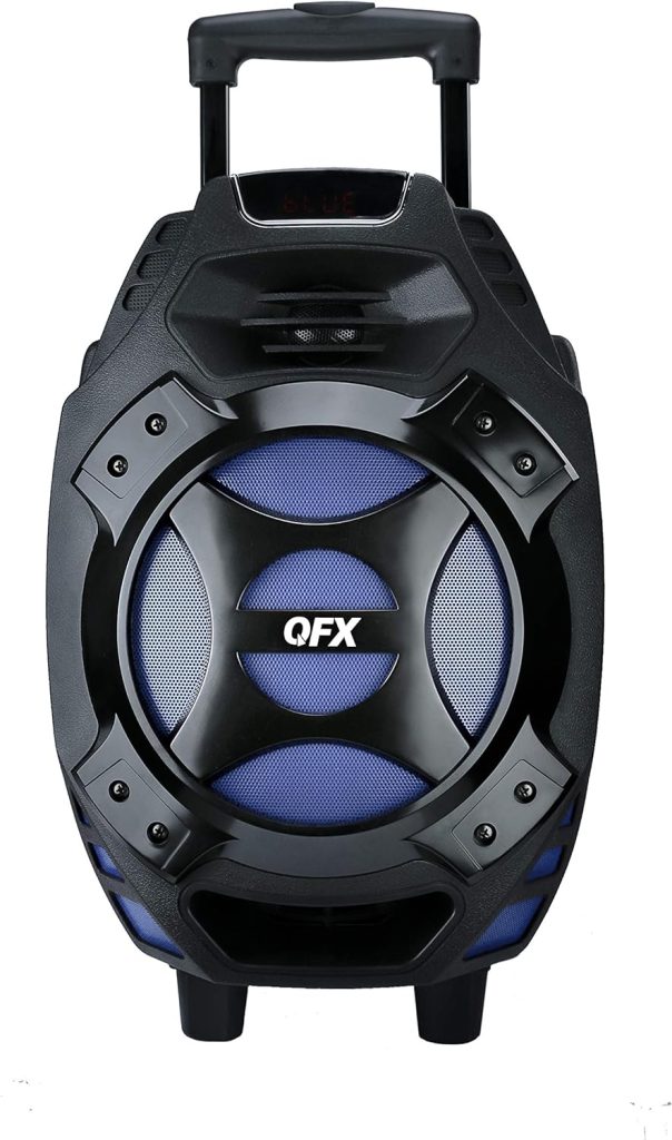 QFX PBX-61081 Rechargeable Portable Speaker | 8 Woofer | 2,600 Watts | Bluetooth, AUX, SD Card, FM Radio | Handle, Wheels, 12 Lbs | Perfect for Tailgating, Indoors, Outdoors Audio | Blue