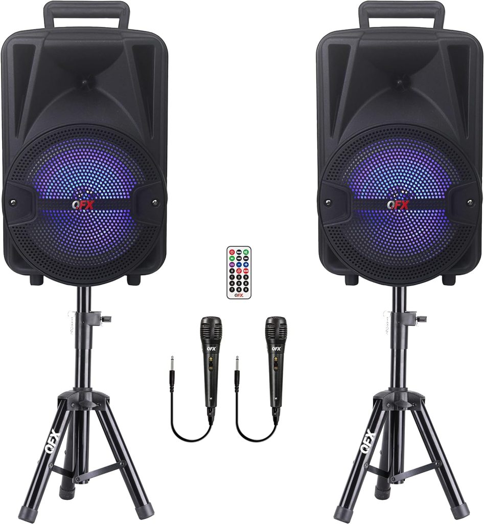 QFX Rechargeable Portable Bluetooth Stereo PA System with 8 Inch Woofer Speakers, 1 Inch Tweeter, and Accessories for Parties and Karaoke, Black