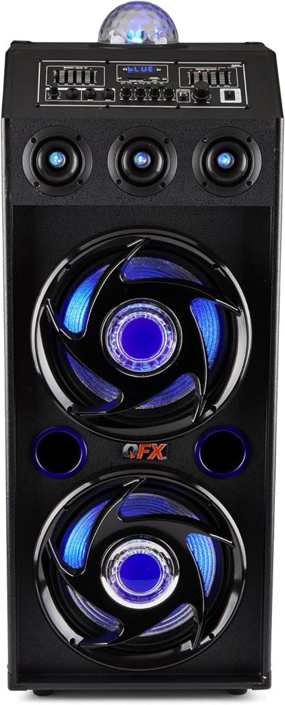 QFX SBX-412207BT TWS Bluetooth Cabinet Speaker with Dual 12 Woofers, LED Party Lights, FM Radio, USB/TF Card Ports, Aux Input, Blue