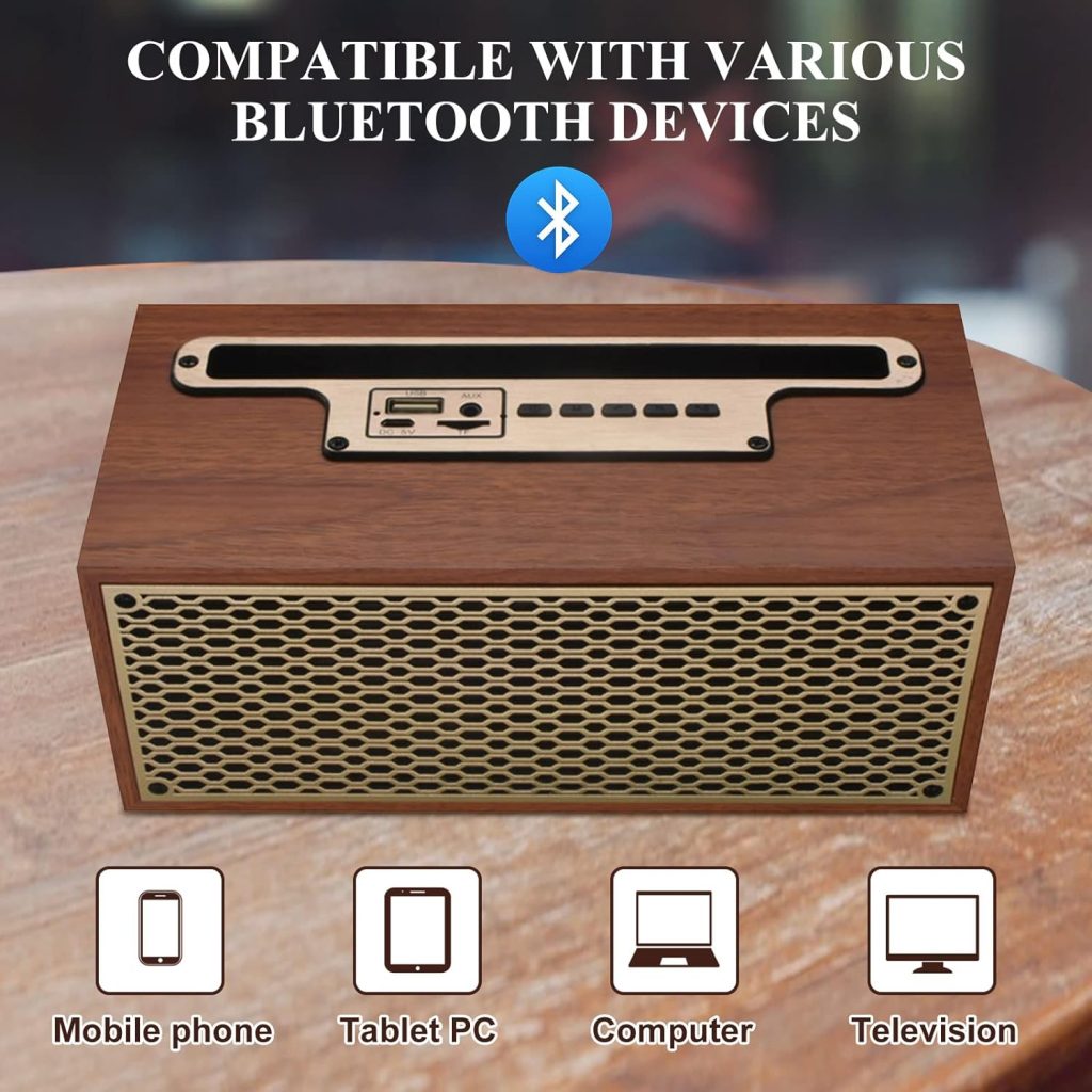 Qiolankdd Retro Bluetooth Speakers, Wooden Bookshelf Speakers with Aux Input and FM Radio, PC Computer Speakers for Desktop Bluetooth Wireless, Home Small Blue Tooth Speaker for iPhone TV (Red)