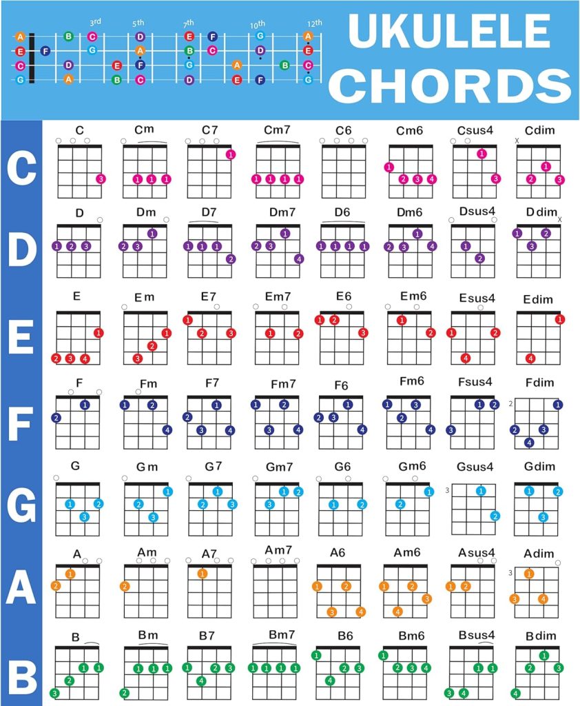 QMG Ukulele Chords Poster, An Educational Reference guide for Ukulele Players and Teachers, Printed on Waterproof, Non-Tearing, Polypropylene Paper, Size: 24”x 30”