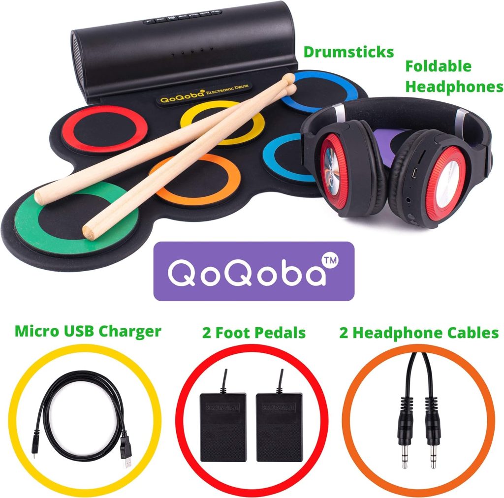 QoQoba Electronic Drum Set for Kids | Adult Beginner Pro MIDI Drum Practice Pad Kit w/Headphone Jack | Drum Sticks | Great Holiday Birthday Gift for Kids Drum Set (RAINBOW)