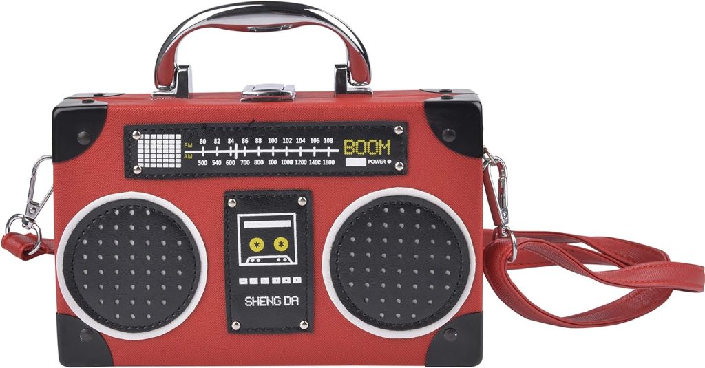 QZUnique Tape Shaped Shoulder Bag Radio Recorder PU Crossbody Bag Womens Retro Evening Bag Handbag Clutch Purse
