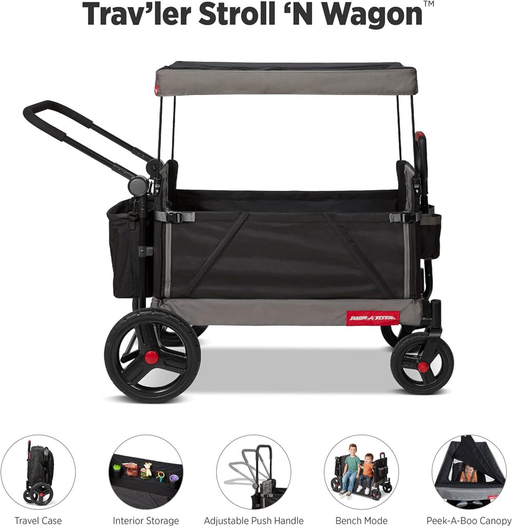 Radio Flyer Trav-ler Stroll N Wagon, Black Push Wagon with Canopy, Storage Bag, and Cupholders, for Ages 1+ Years