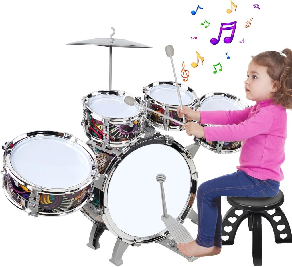 Drum Set for Kids Musical Instruments Kids Drum Set with Stool, Cymbal,  Drum Sticks, 4 Snare Drums and 1 Bass Drum Jazz Drum Kit Toys for 3 4 5 6  Year