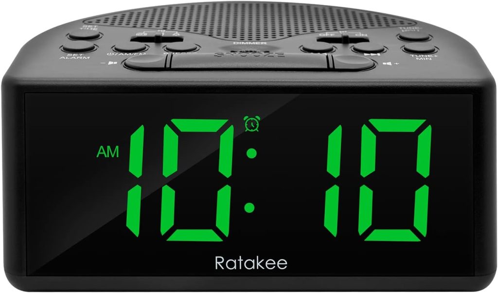 Ratakee Digital Alarm Clock Radio for Bedroom with AM/FM Radio, Earphone Port, Easy to Read 1.4” LED Digits, Preset, Sleep Timer, Dimmer, Snooze and Battery Backup, Plug-in/Battery Powered