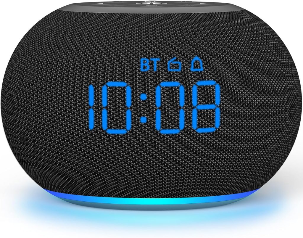 REACHER Digital Alarm Clock Bluetooth Speaker with FM Radio, Auto Dimmable, 7 Wake Up Sounds, 8 Colors Night Light, 0-100% Dimmer, 30-Level Adjustable Volume, Memory Function, Small for Bedroom