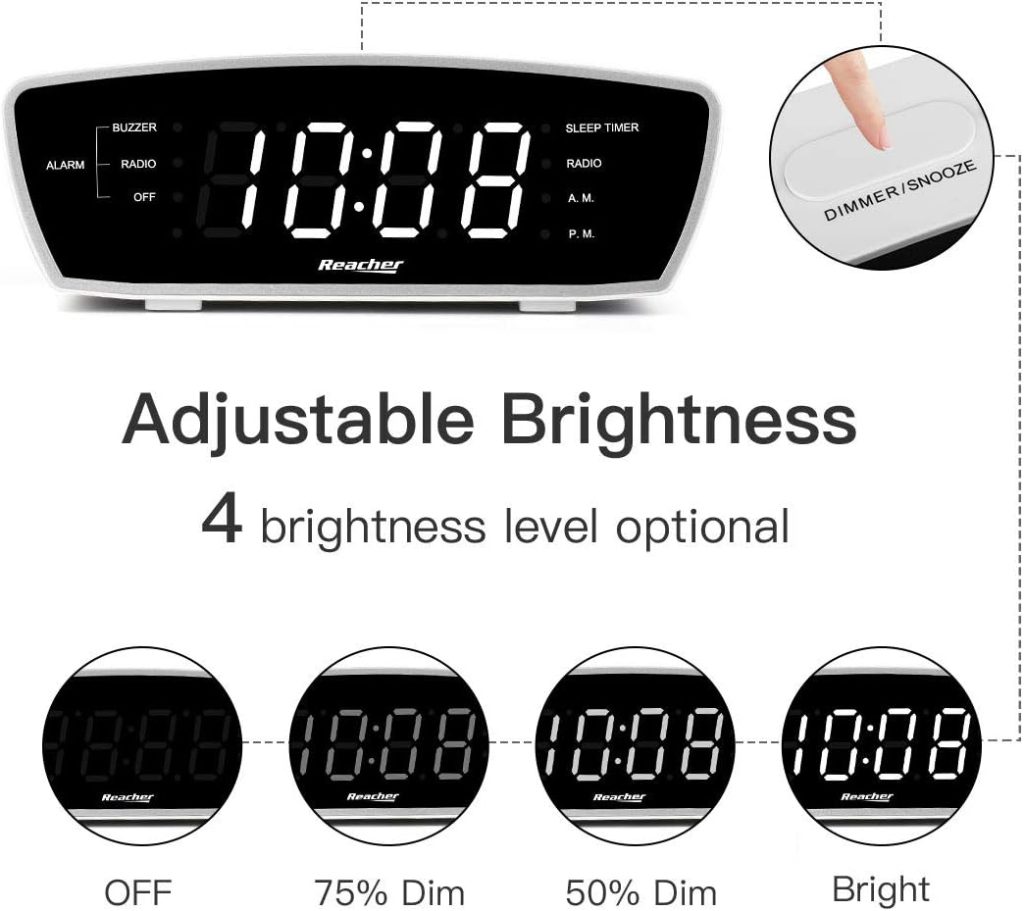 REACHER Simple Alarm Clock Radio with USB Charger Port, FM Radio, Dimmer, 6 Snoozes 9-Minute intervals, Adjustable Alarm Volume for Heavy Sleepers, for Bedrooms (White)