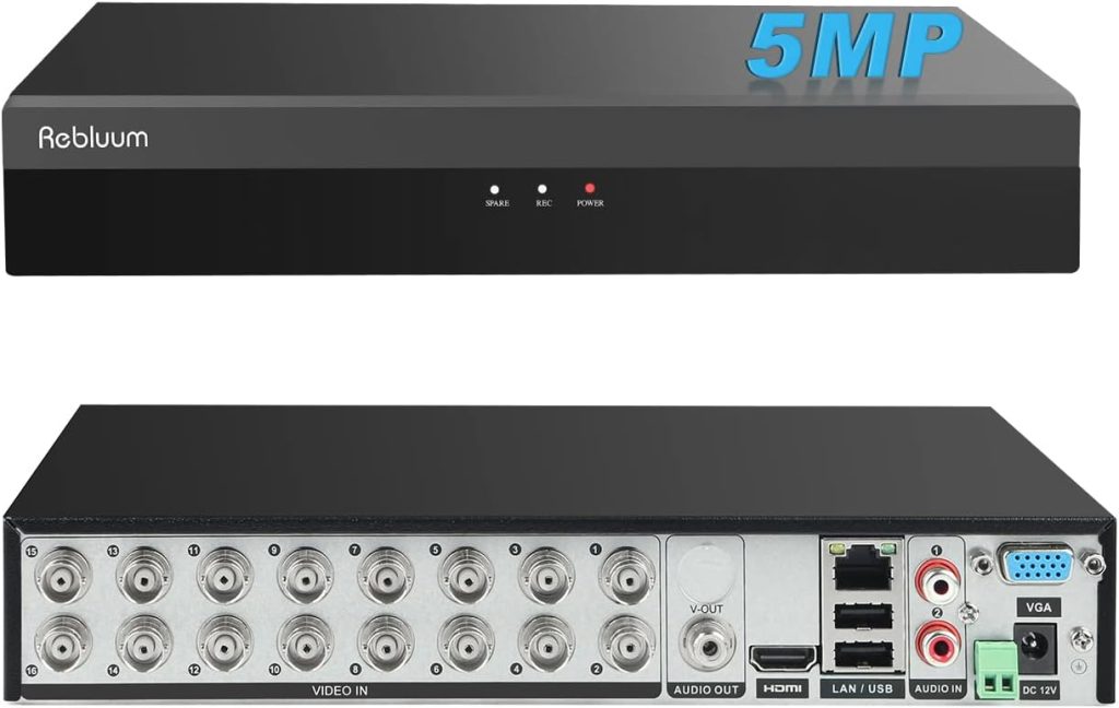Rebluum 5MP 16CH Hybrid 6-in-1 Security DVR System, H.265+ 16 Channel Surveillance Digital Video Recorder Supports AHD/IP/Analog/TVI/CVBS/CVI Cameras, Remote View (No Hard Drive)