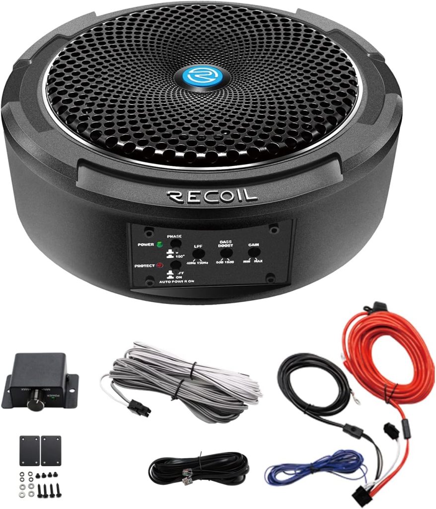 RECOIL SL1708 8 Under-Seat Slim Amplified Car Subwoofer with 99.99% Oxygen Free Copper Installation Wiring Kits