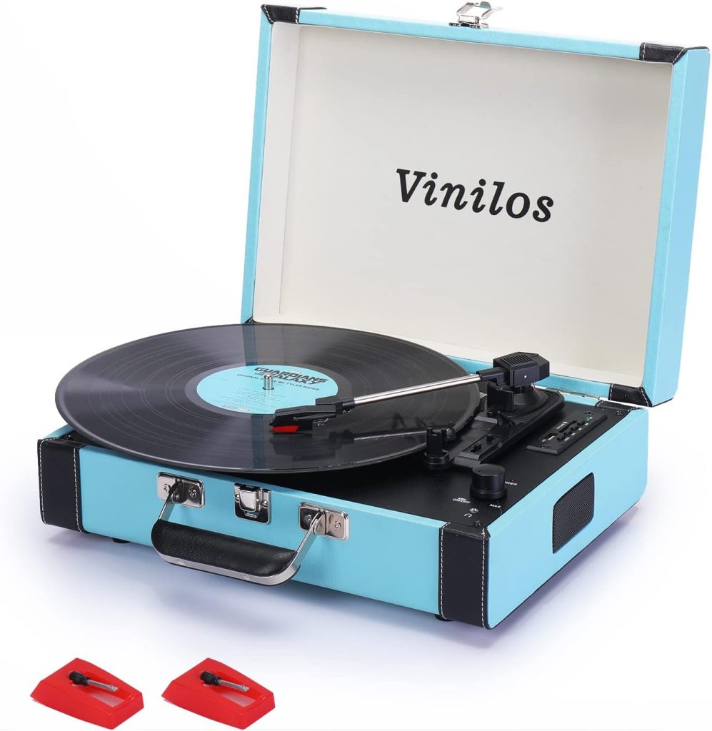 Record Player for Vinyl with Built-in Speakers Bluetooth Output,3 Speed Belt-Driven Phonograph Retro Turntable Player, Portable Vintage Suitcase LP Player USB Recording, Includes 2 Extra Stylus