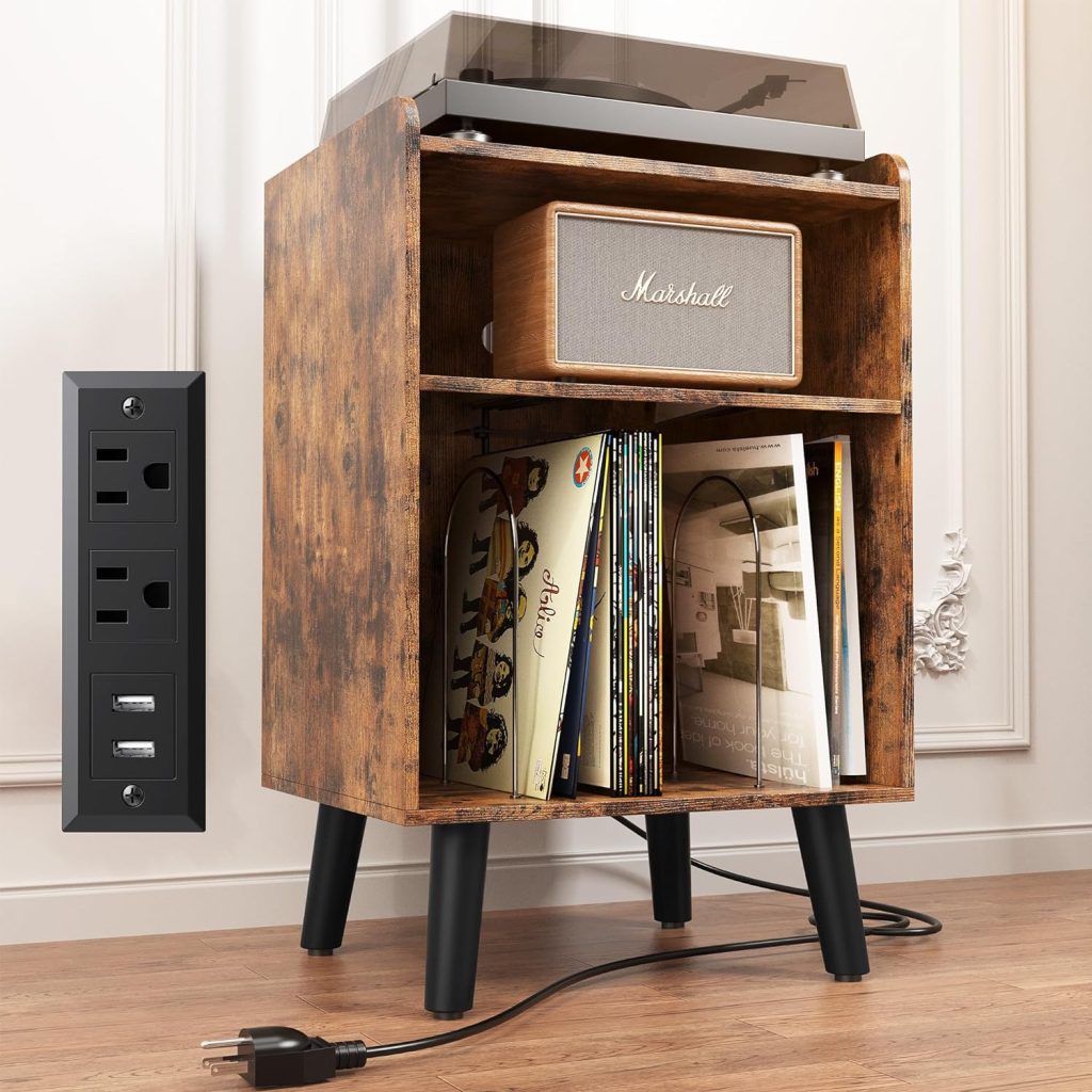 Record Player Stand, Turntable Stand with Record Storage and Charging Station  USB Ports, Record Player Table with Metal Divider, Record Stand Up to 120 Albums for Living Room, Bedroom Brown