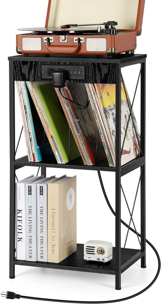 Record Player Stand with Storage, 3 Tier Small Record Player Table with Charging Station and USB Ports Metal Vinyl Record Shelf Holds Up to 90 Albums for Living Room Bedroom Office, Black