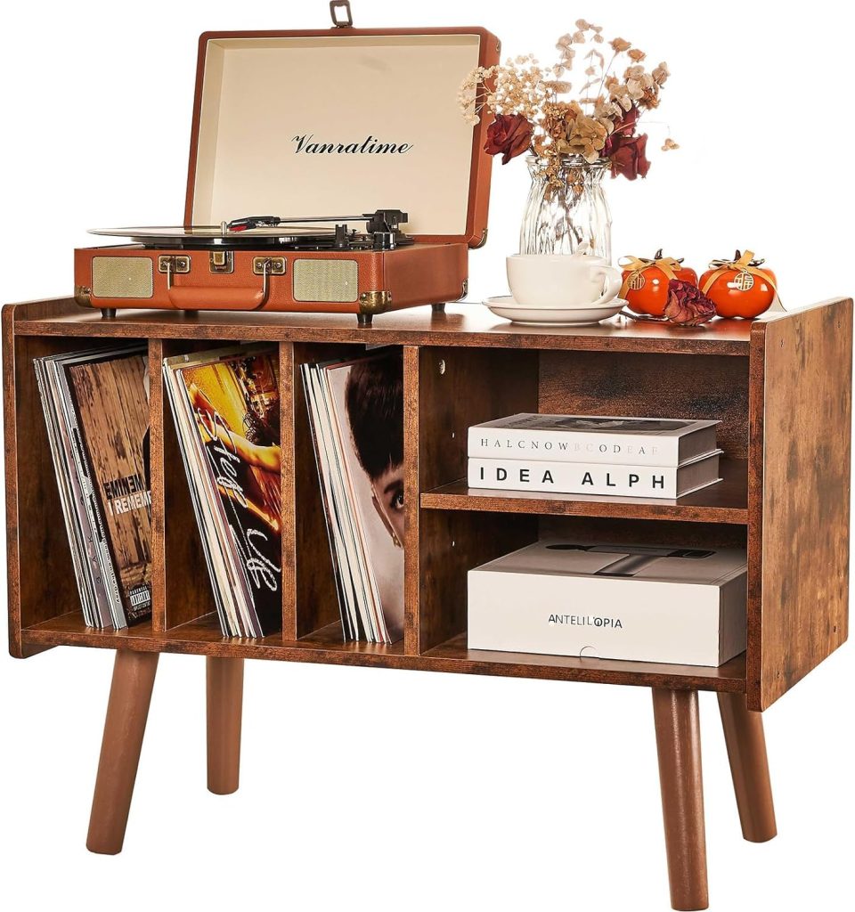 Record Player Stand with Vinyl Storage Holds Up to 300lb, Large Record Player Table Cabinet For Album Storage with Holder Vinyl Display Shelf, Mid Century Wood Turntable Stand for Bedroom Living Room