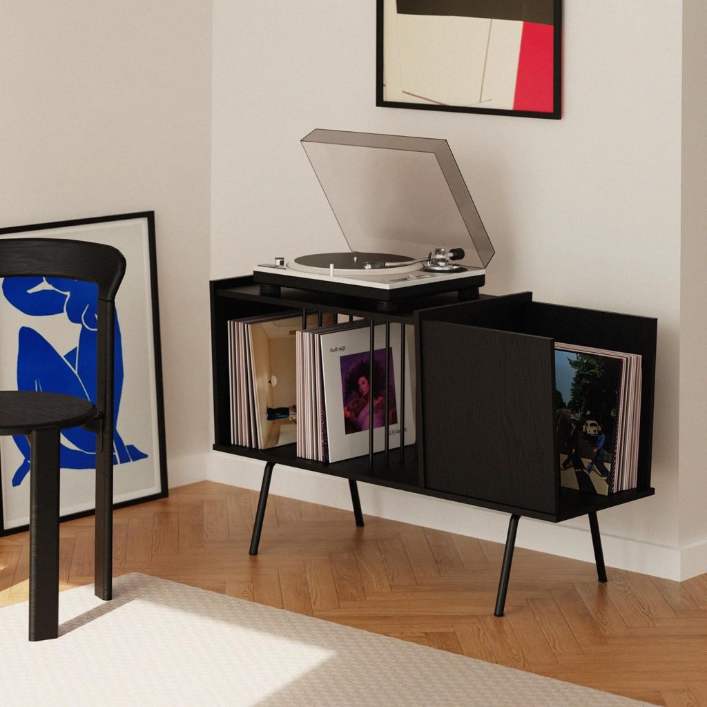 Record Player Stand with Vinyl Storage - Record Player Table Holds 190 Vinyls, Turntable Stand and Vinyl Record Cabinet Black, Vinyl Record Stand and Record Player Cabinet, Mid Century Record Table