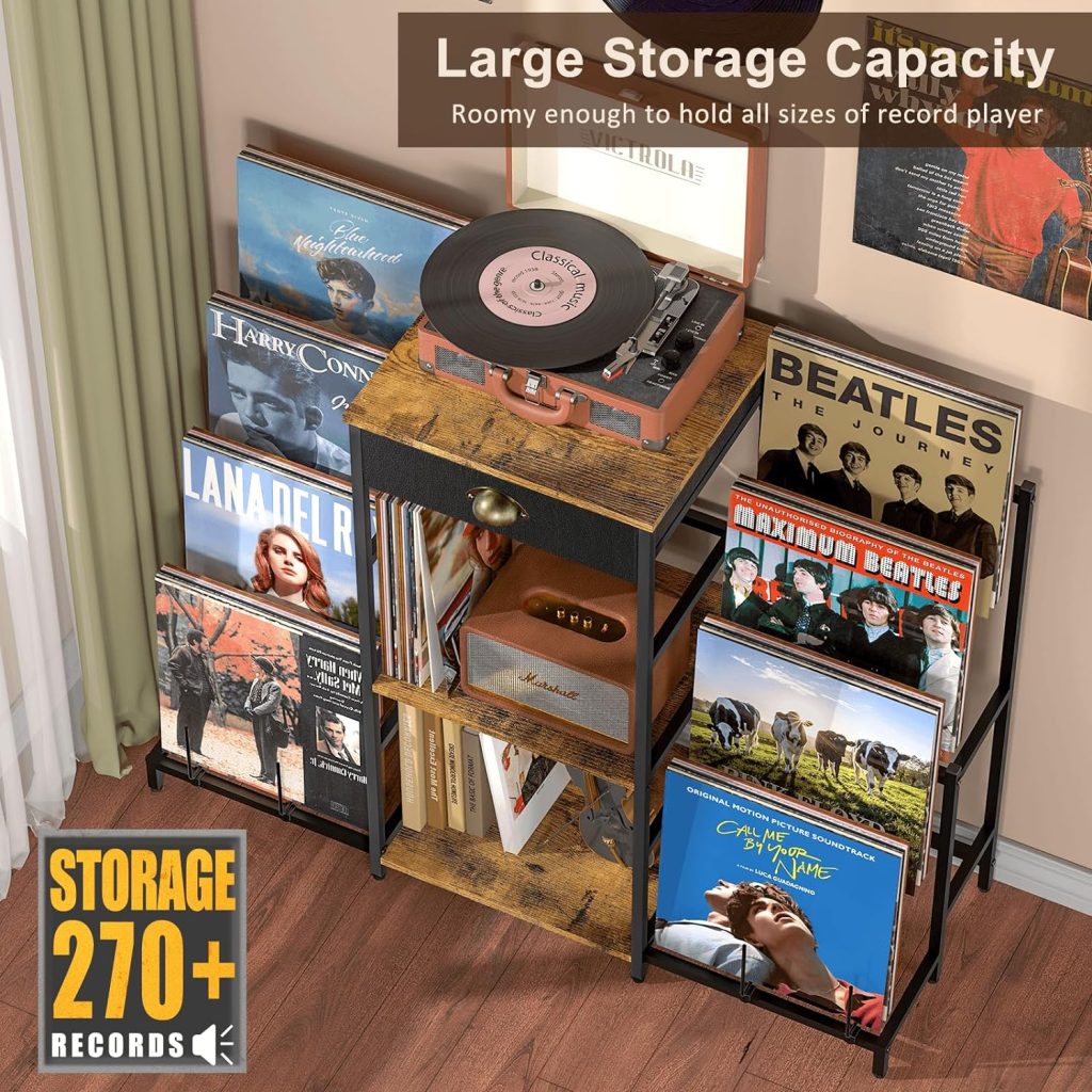 Record Player Stand with Vinyl Storage, Record Player Table Up to 300 Albums, Turntable Stand with 8-tier Record Holder for Vinyl Display, End Table for Vinyl Records, Record Cabinet for Living Room