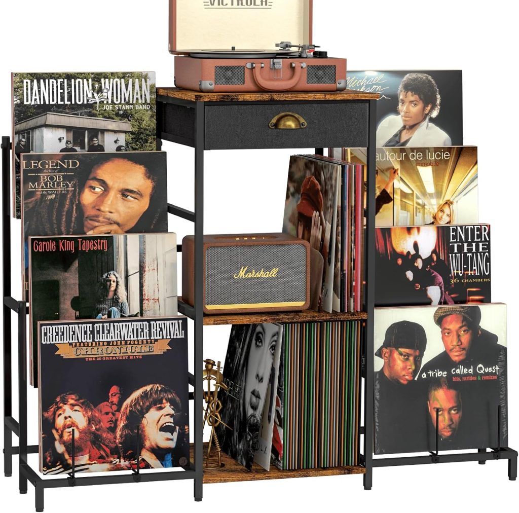 Record Player Stand with Vinyl Storage, Record Player Table Up to 300 Albums, Turntable Stand with 8-tier Record Holder for Vinyl Display, End Table for Vinyl Records, Record Cabinet for Living Room