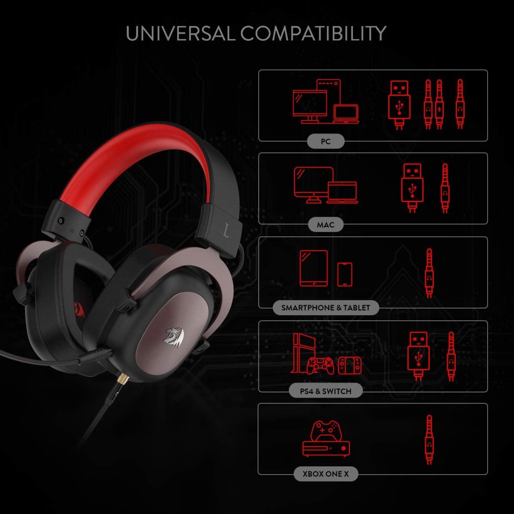 Redragon H510 Zeus Wired Gaming Headset - 7.1 Surround Sound - Memory Foam Ear Pads - 53MM Drivers - Detachable Microphone - Multi-Platforms Headphone - Works with PC, PS4/3  Xbox One/Series X, NS