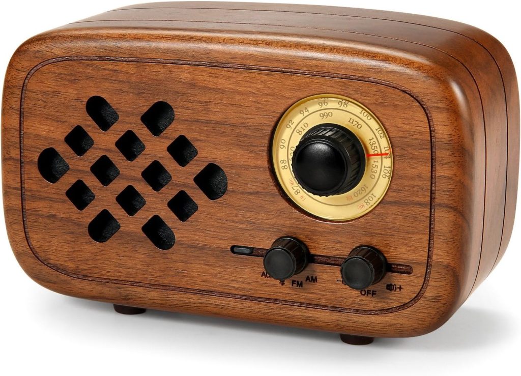 Rerii Bluetooth Speaker, Handmade Walnut Wood Retro Small Bluetooth Radio FM AM, Portable Wireless Speakers for Home and Office