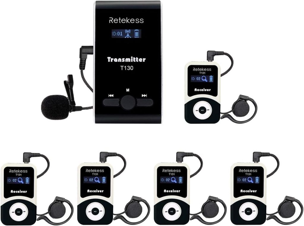 Retekess T130 Wireless Tour Guide System, Assisted Listening Devices, Clear Sound Quality, Easy Operation, Interpreting Equipment for Church, Factory, School (1 Transmitter 5 Receivers)