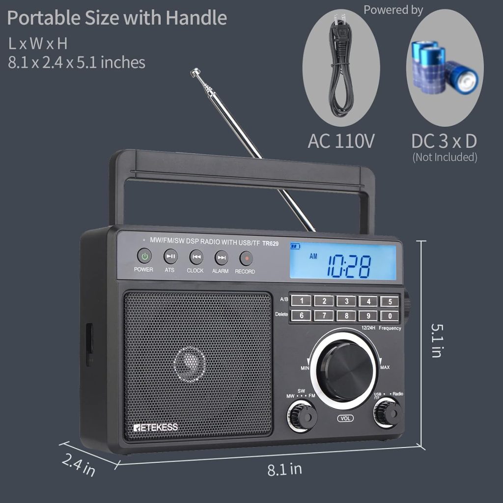 Retekess TR629 Portable Shortwave Radios, Digital Radio AM FM Plug in with DSP, Support Backlight LCD Display, Digital Tuning and Preset, USB, Micro SD, Clock, Recorder : Electronics