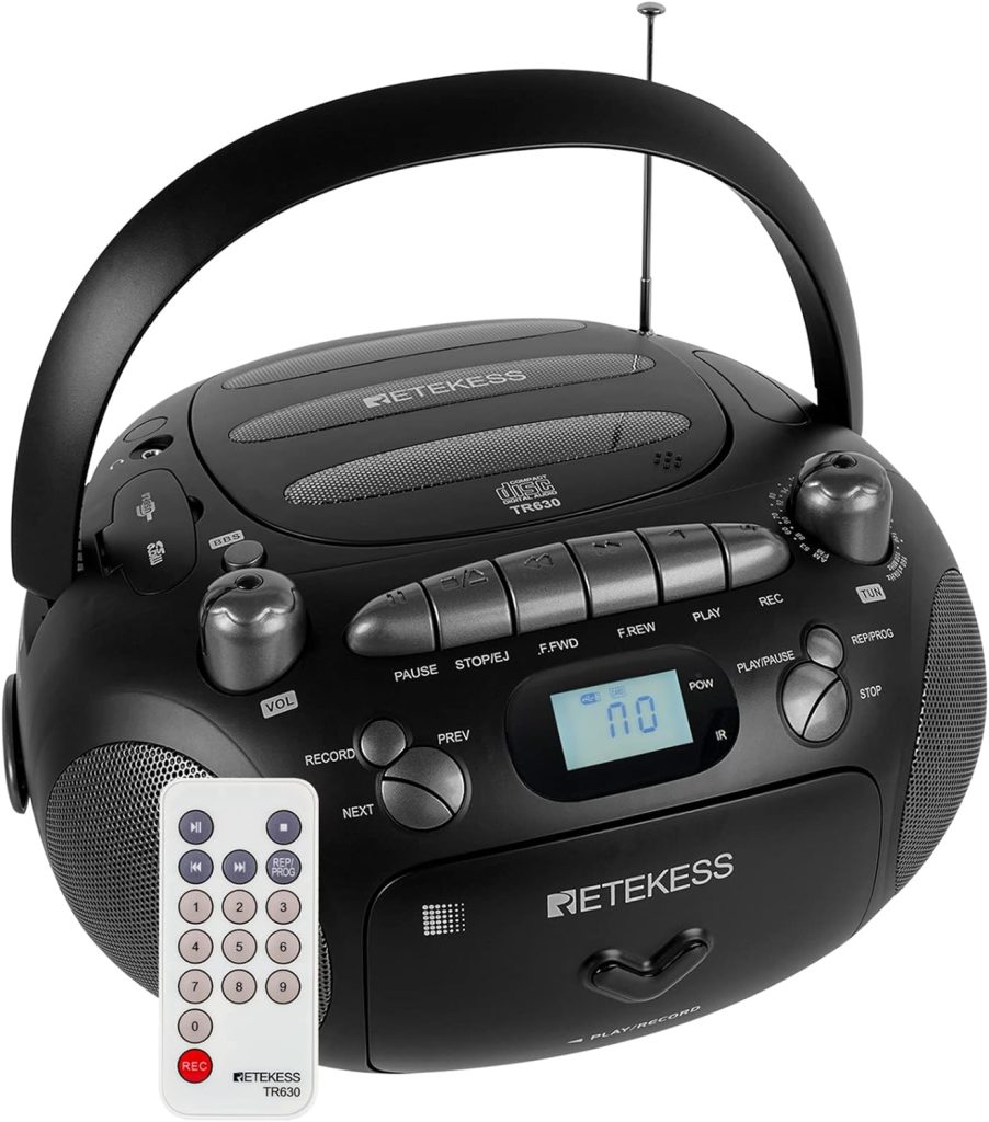 Retekess TR630 CD and Cassette Player Combo, Portable Boombox AM FM Radio, Bass Boost Speakers, Recording Transcription, USB, Micro SD, LCD Display for Family