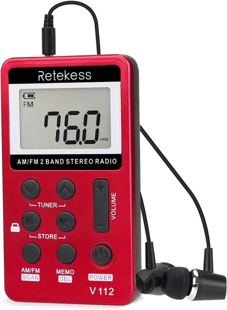 Retekess V112 AM FM Portable Pocket Radio Digital Tuning Stereo Volume with Earphone Rechargeable Battery for Walking Gym (Red)