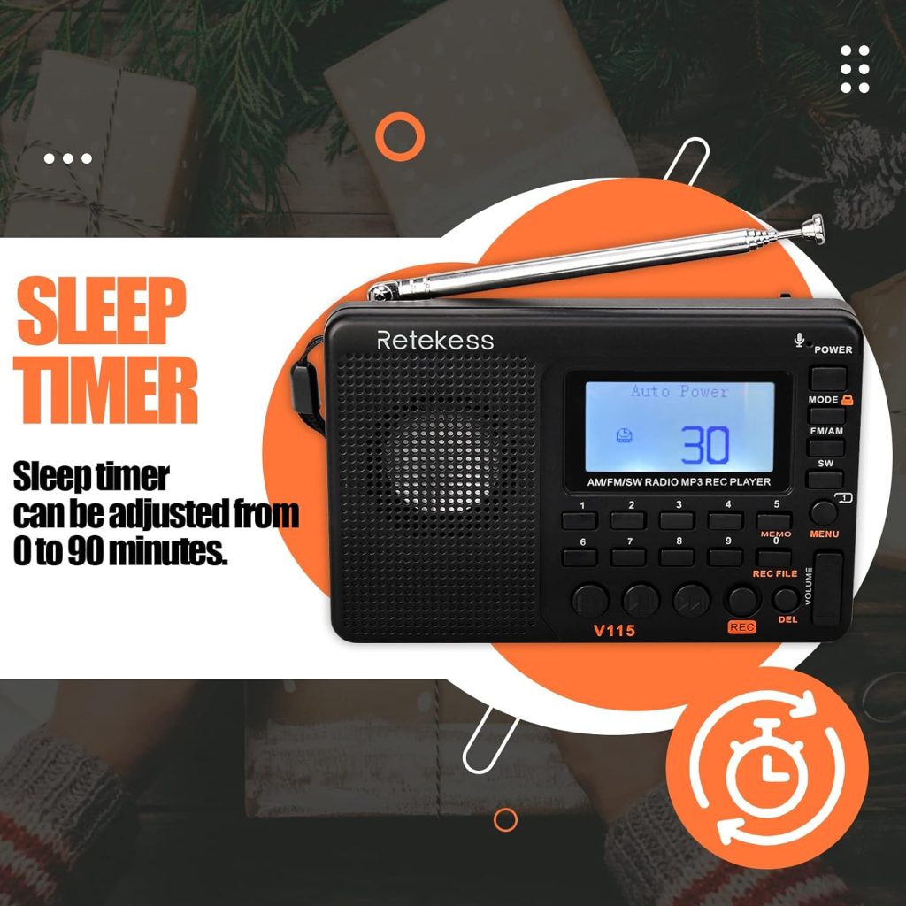 Retekess V115 Digital Radio AM FM, Portable Shortwave Radios, Rechargeable Radio Digital Tuner and Presets, Support Micro SD and AUX Record, Bass Speaker Black