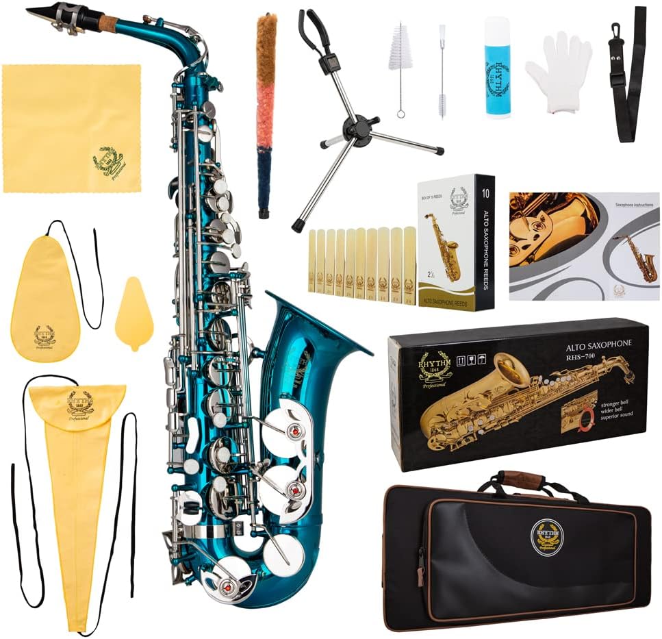 Rhythm Alto Saxophone Eb Alto Saxophone Alto Beginner Sax Full Kit With Carrying Sax Case,Cleaning and Care kit,Sax Foldable Stand,box of reeds,Mouthpiece,Straps-Sea Blue