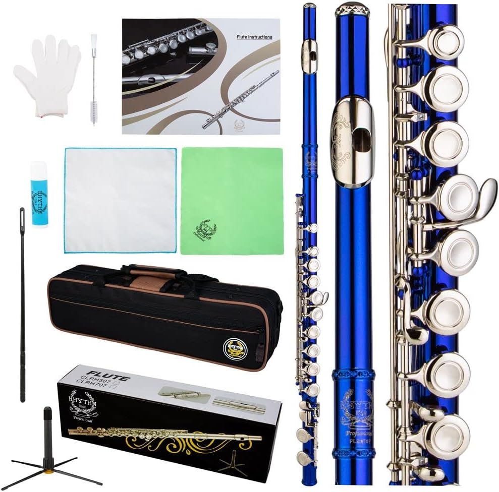 Rhythm C Flutes with Engraved Flower Closed Hole 16 Keys Flute For Student, Beginner with Cleaning Kit, Stand, Carrying Case, Gloves, Tuning Rod, Blue
