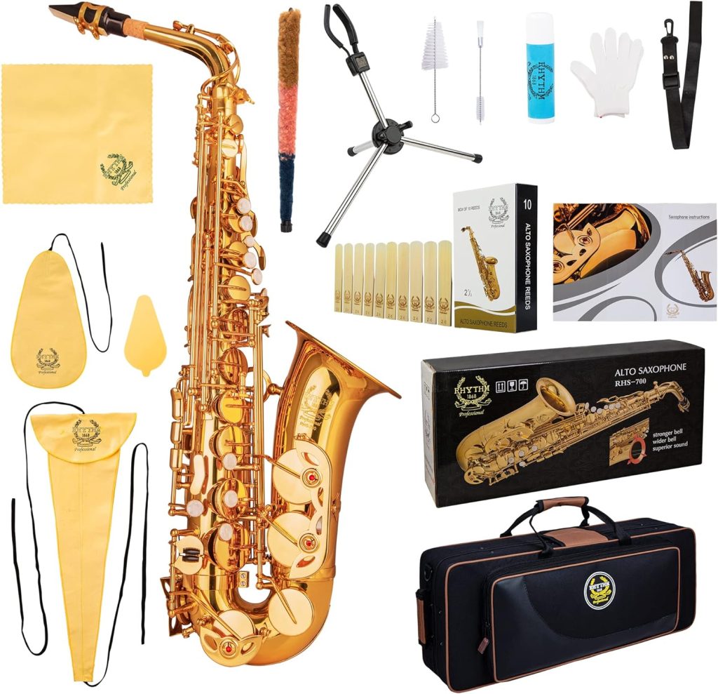 Rhythm Eb Alto Saxophone With Carrying Sax Case,Full set Cleaning and Care kit,Sax Foldable Stand,box of reeds,Mouthpiece,Straps-Gold Color