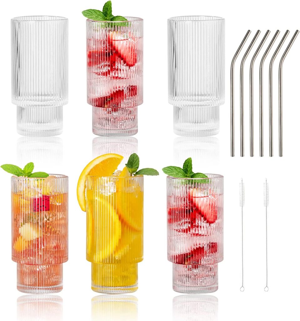 Ribbed Glassware Vintage Drinking Glasses - 11 oz Vintage Glassware Stackable Highball Origami Style Glass Cup Fluted Vertical Stripes Romantic Water Drinking Cups with Straw Set of 6 Dishwasher Safe