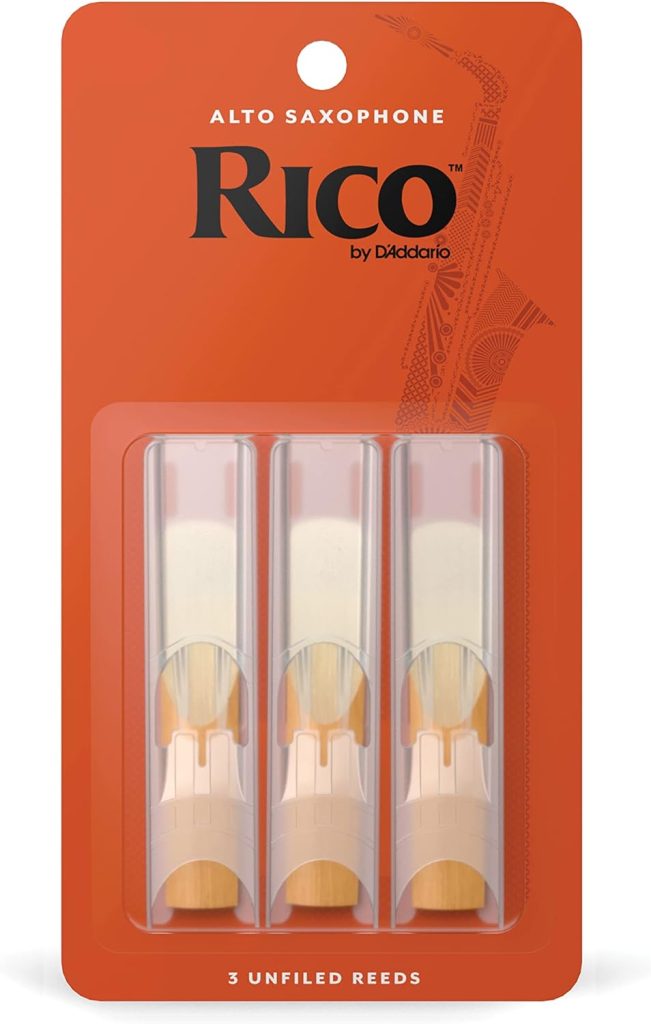 Rico Woodwinds - Reeds for Alto Saxophone - Thinner Vamp Cut for Ease of Play, Traditional Blank for Clear Sound, Unfiled for Powerful Tone - Alto Sax Reeds 2.5 Strength, 3-Pack