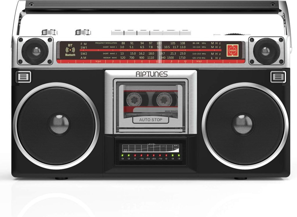 Riptunes Boombox Radio Cassette Player Recorder, AM/FM -SW1/SW2 Radio, Wireless Streaming, USB/Micro SD Slots, Aux in, Headphone Jack, Convert Cassettes to USB/SD, Classic 80s Style Retro, Black