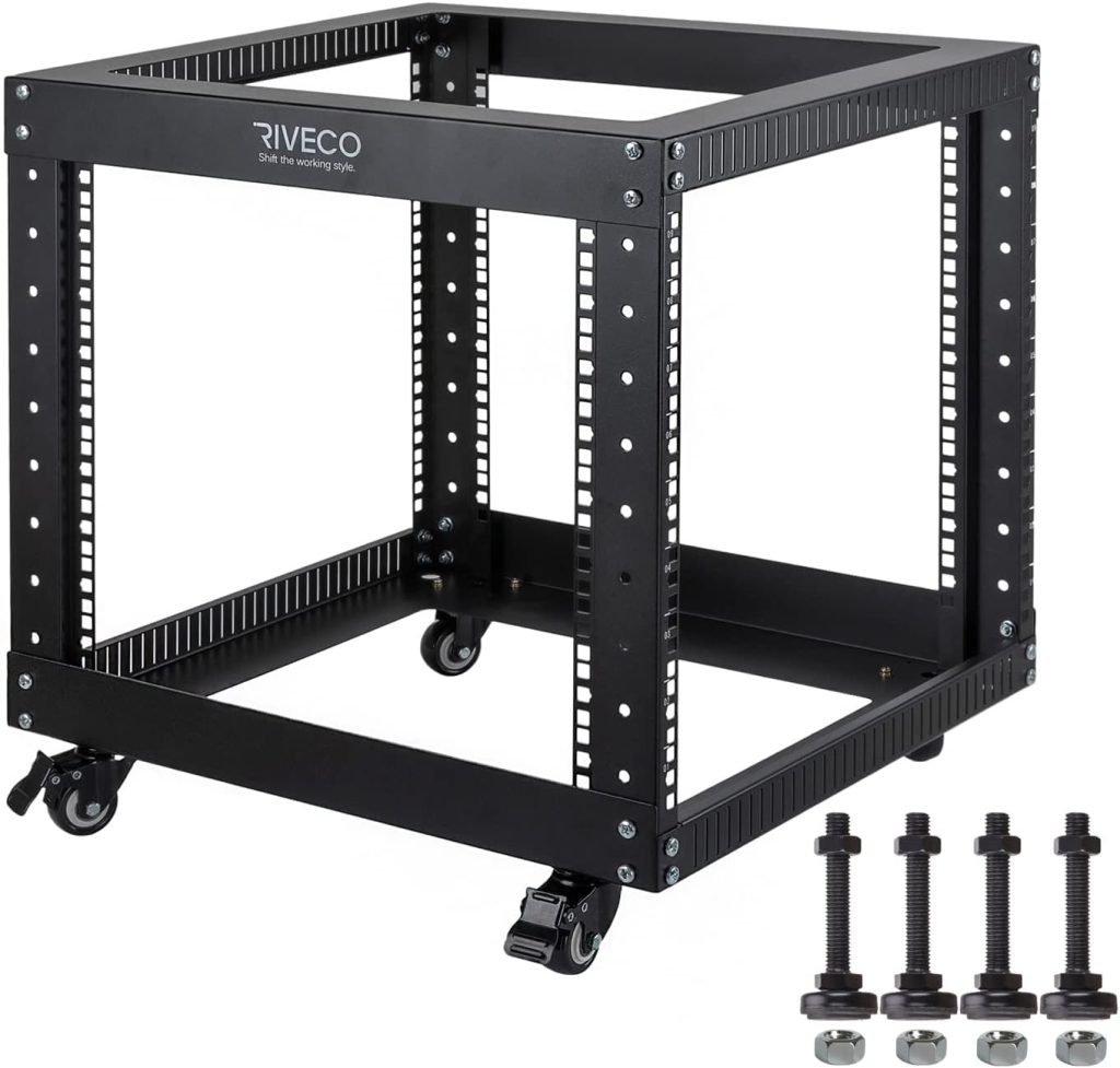 RIVECO 9U Open Frame Server Rack with Casters- Heavy Duty 4 Post Quick Assembly 19-inch, Stereo Rack Network Cabinet Black