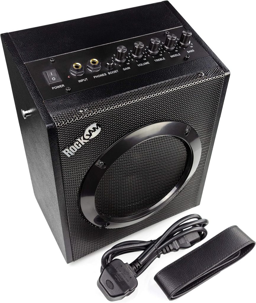 RockJam 10 Watt Electric Guitar Amplifier with Headphone Input, Three-Band EQ, Overdrive  Gain Power, Black, (RJ10WAR2)