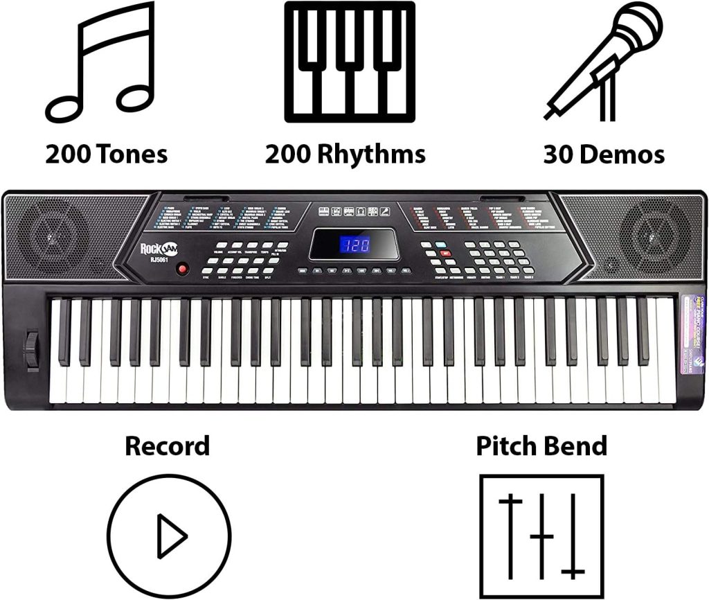 RockJam 61 Key Keyboard Piano Stand With Pitch Bend Kit, Piano Bench, Headphones, Simply Piano App  Keynote Stickers