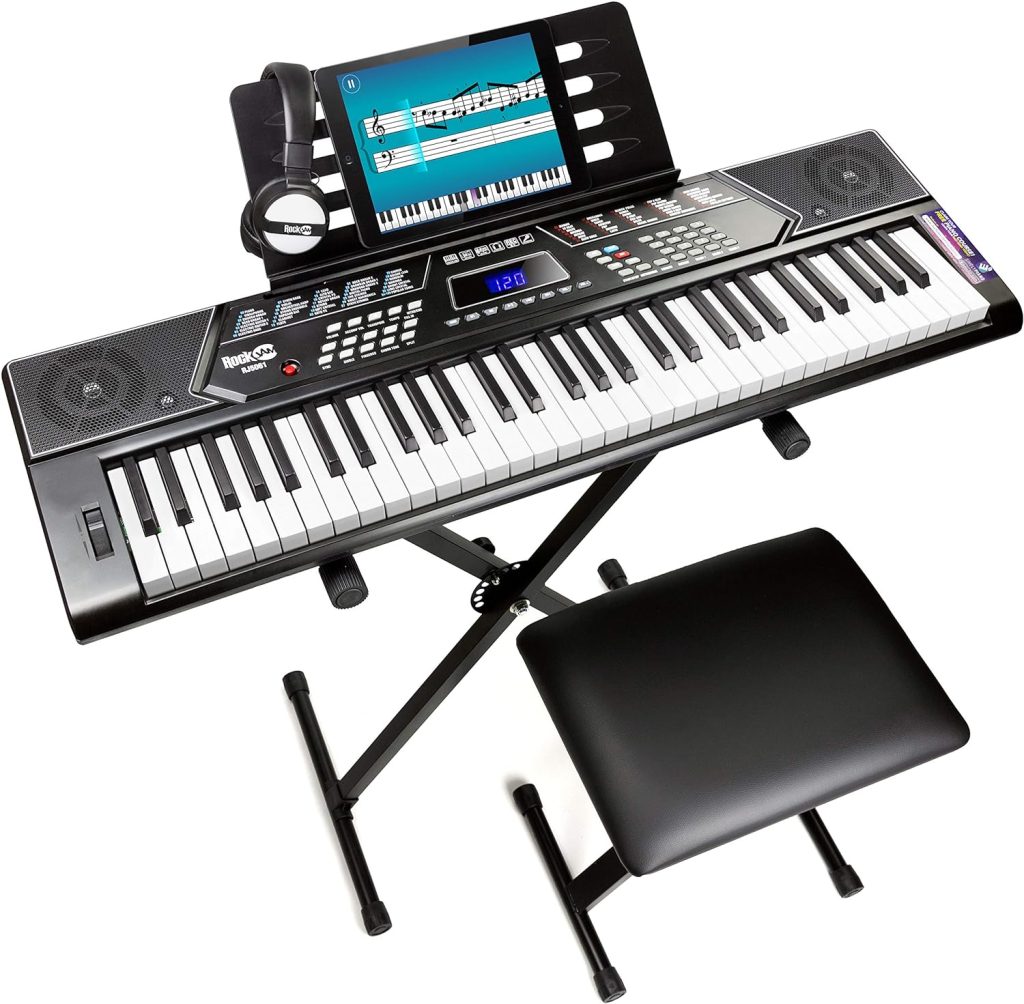 RockJam 61 Key Keyboard Piano Stand With Pitch Bend Kit, Piano Bench, Headphones, Simply Piano App  Keynote Stickers