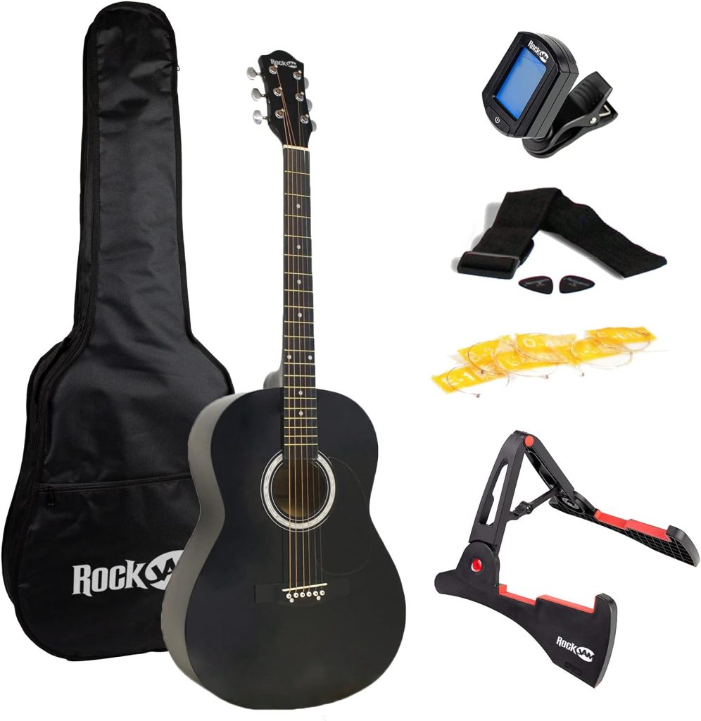 RockJam Acoustic Guitar Superkit Includes Stand, Gig Bag, Tuner, Picks, Plectrum Holder, Spare Strings  Online Lessons 6 Pack, Right, Black, Full (RJW-101-BK-PK)