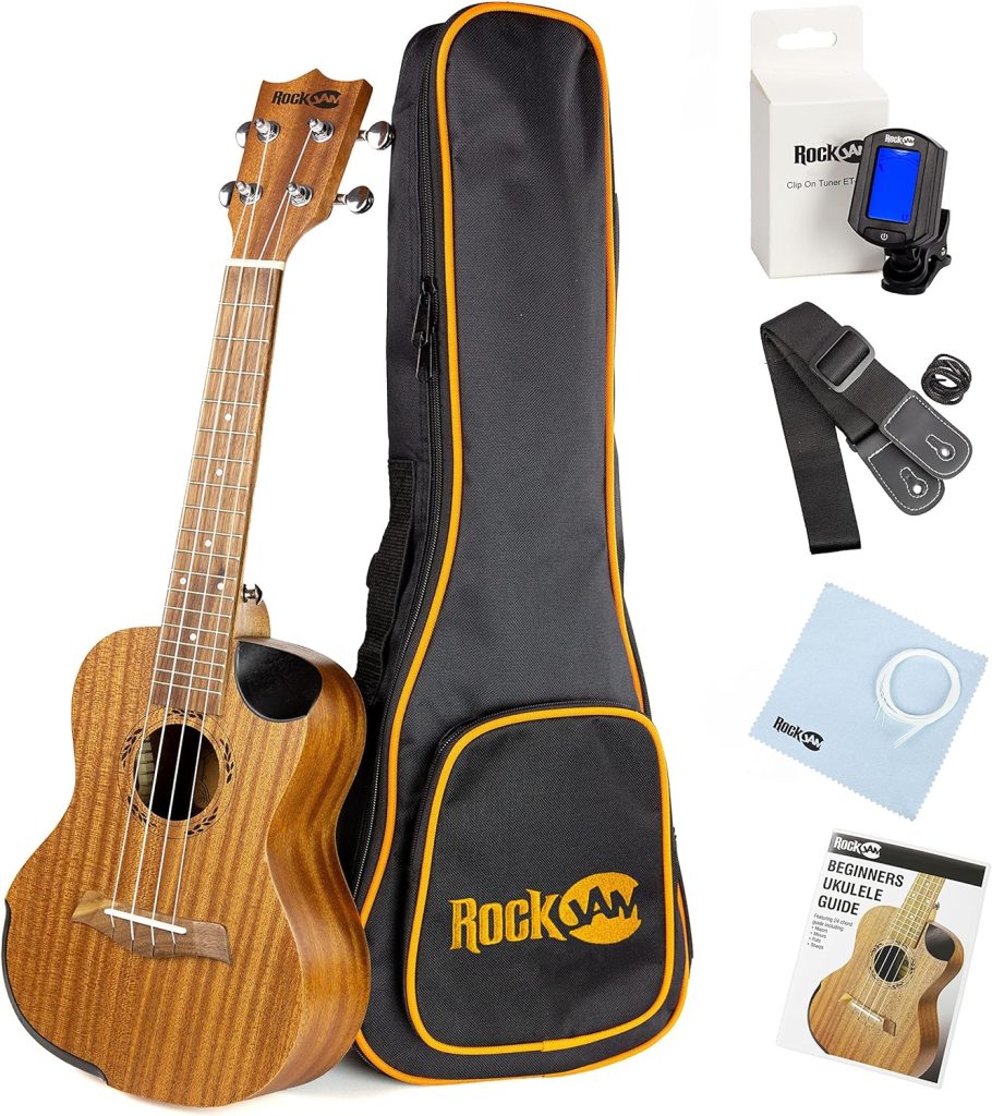 RockJam Premium Tenor Ukulele Kit with Tuner, Gig Bag, Strap, Picks  Spare Strings, 4, Right, Natural, Full (RJUK-712T-N)